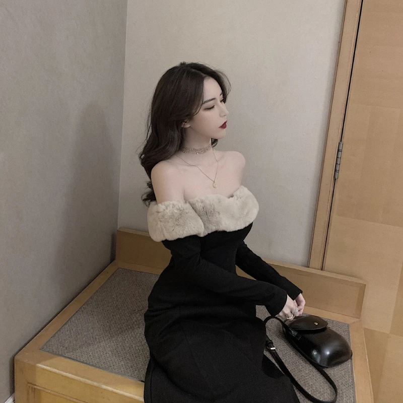 Female Long-sleeved Sexy Fur Collar Evening Black Dress Female One-piece Skirt Korean Version Autumn Chic Elegant Retro Dress
Female Long-sleeved Sexy Fur Collar Evening Black Dress Female One-piece Skirt Korean Version Autumn Chic Elegant Retro Dress