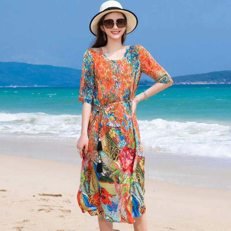 2021 New Women Silk Half Sleeve Printed O-Neck Mid Long Dress Female Summer Fashion Temperament Large Size Beach Dresses L24
2021 New Women Silk Half Sleeve Printed O-Neck Mid Long Dress Female Summer Fashion Temperament Large Size Beach Dresses L24