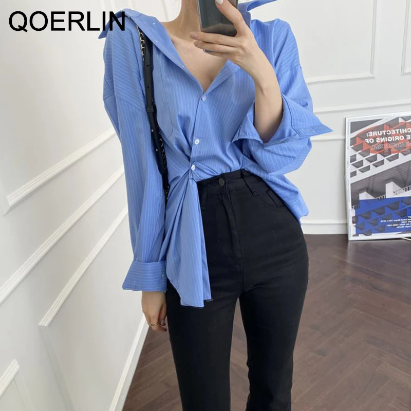 

QOERLIN Stylish Skew Button Up Shirts Women Spring Sleeve Striped Shirts Long Sleeve Asymmetrical Blouse Oversized Tunic Tops