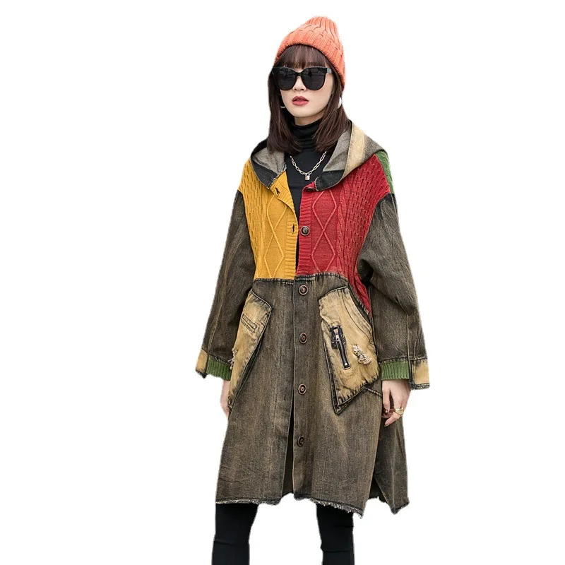 Hooded Cardigan Ladies Jacket 2021 Spring Knitted Stitching Denim Coat Women's Middle Long High Quality Retro Contrast Color
Hooded Cardigan Ladies Jacket 2021 Spring Knitted Stitching Denim Coat Women's Middle Long High Quality Retro Contrast Color