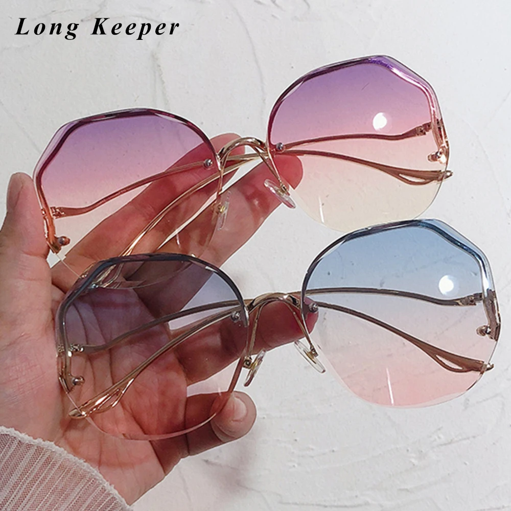 

Lady Fashion Rimless Sunglasses Women 2021 Luxury Bradn Oversized Sun Glasses Female Ocean Cut Lens Sunglass Vintage Curved Legs
