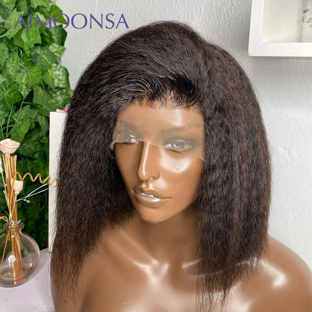 

Kinky Straight Wig Pre Plucked 13x4 Short Bob Lace Front Human Hair Wigs Glueless Brown Lace Front Wig Natural Hairline 130 Remy