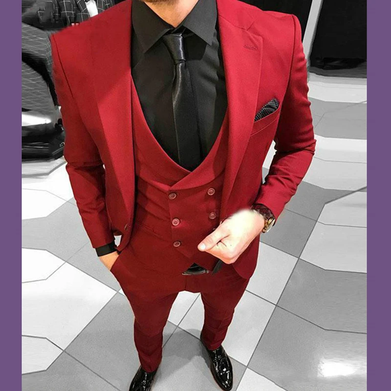 

2021 изготавливаемые по индивидуальному заказу модные элегантные стильные красные облегающие мужские костюмы смокинг для жениха на свадьбу уживечерние 3 Prc (пиджак + жилет + брюки)