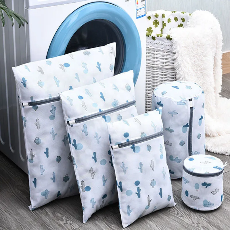 

Fresh Blue Cactus Printing Laundry Bag Protecting Clothing Household Aid Pack Washing Machine Accessory Polyester Mesh Zip Bags