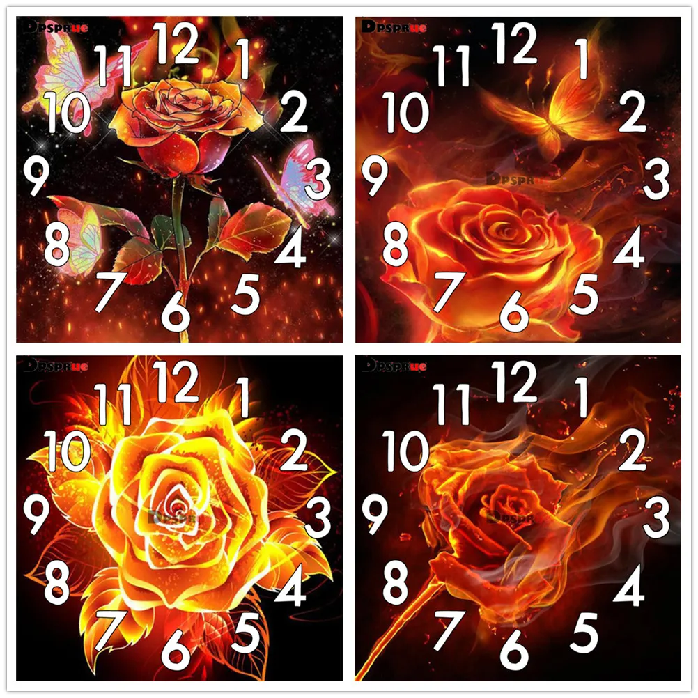 

Dpsprue Full Diamond Painting Cross Stitch With Clock Mechanism Mosaic 5D Diy Square Round Fire Flower 3d Embroidery Gift HG15