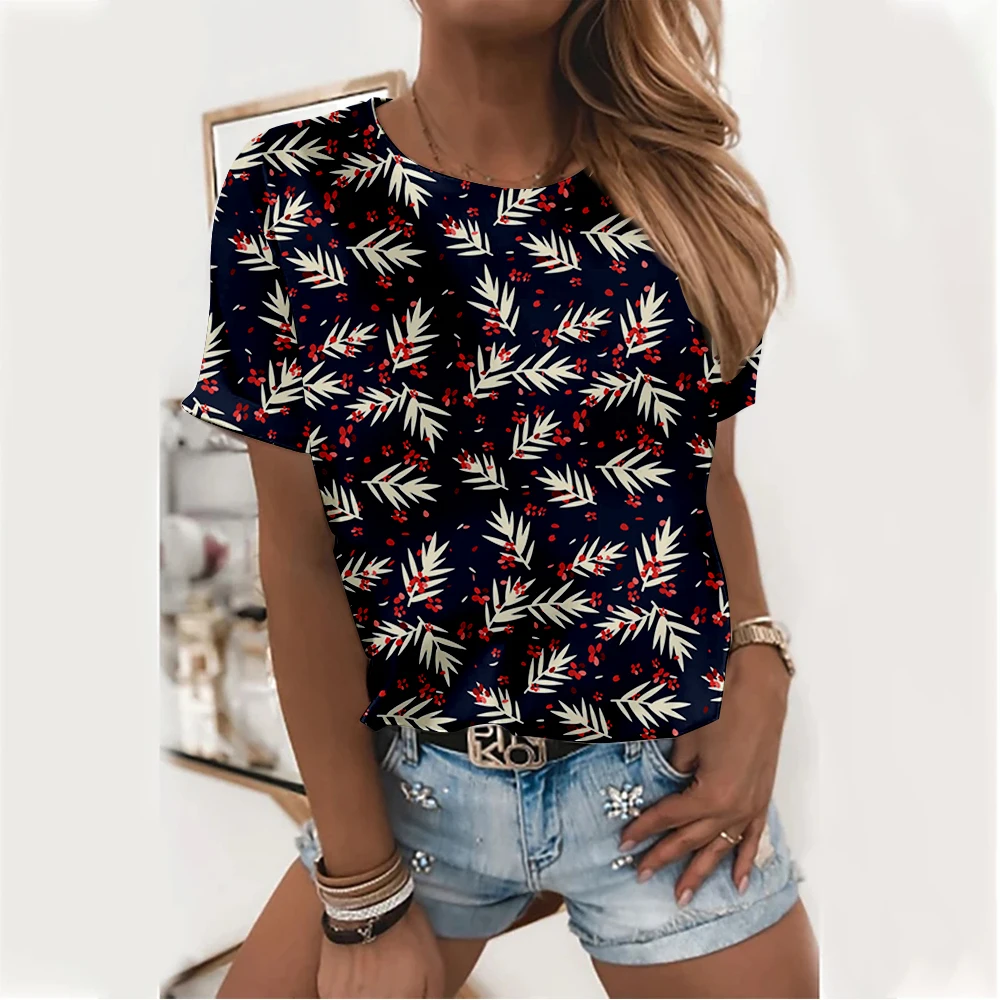 Новая женская футболка с круглым вырезом и цифровой печатью с изображением тропических растений 
Новая женская футболка с круглым вырезом и цифровой печатью с изображением тропических растений