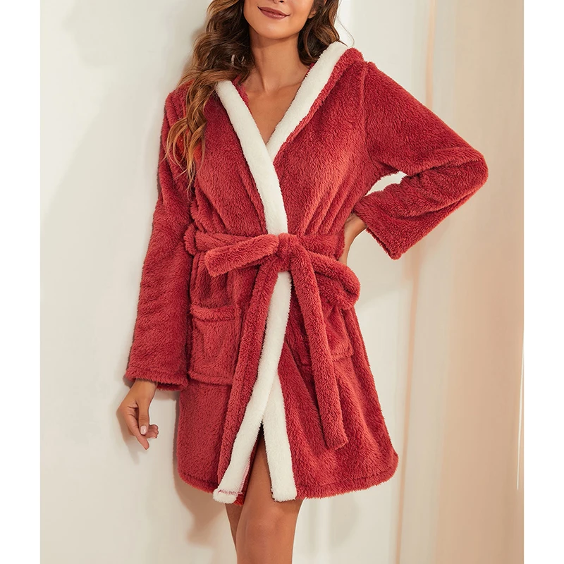 Women's Sleepwear Plush Bathrobe Splicing Hooded Long Sleeve Loose Bathing Robe With Pockets For Ladies Wine Red Pajamas
Women's Sleepwear Plush Bathrobe Splicing Hooded Long Sleeve Loose Bathing Robe With Pockets For Ladies Wine Red Pajamas