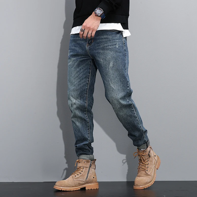 

Новые винтажные модные мужские джинсы в стиле ретро синие эластичные облегающие дизайнерские джинсы для мужчин высококачественные джинсо...