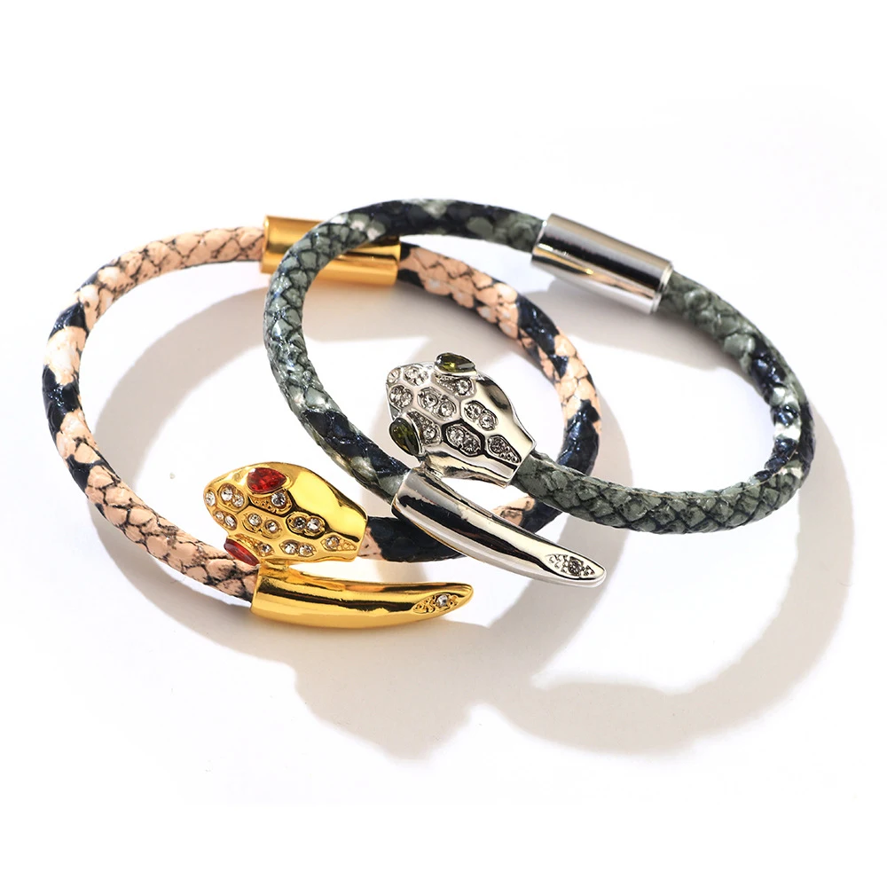 Fashion leather winding snake head hand bracelet for men printed leopard print copper snake head inlaid stone hand bracelet
Fashion leather winding snake head hand bracelet for men printed leopard print copper snake head inlaid stone hand bracelet