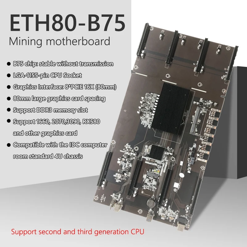 ETH80 B75 Miner Motherboard IDC 4U Chassis BTC Mining Motherboard LGA 1155 Pin 8XPCIE 16X 80mm DDR3 Memory Slot
ETH80 B75 Miner Motherboard IDC 4U Chassis BTC Mining Motherboard LGA 1155 Pin 8XPCIE 16X 80mm DDR3 Memory Slot