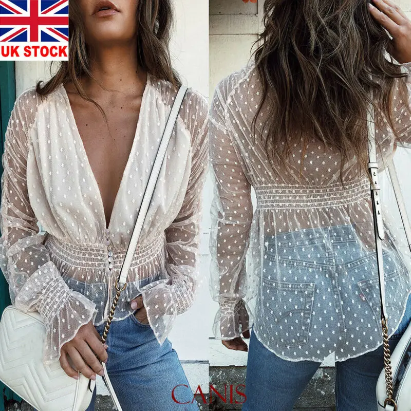 Womens Boho Beach Summer Tops and Blouses Elegant V neck Mesh Sheer Blouse Long Sleeve Polka Dot blusas femininas elegante
Womens Boho Beach Summer Tops and Blouses Elegant V neck Mesh Sheer Blouse Long Sleeve Polka Dot blusas femininas elegante