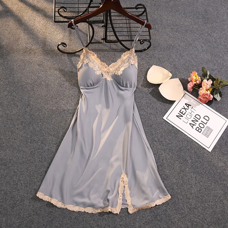 Nightdress Female Spring and Summer Thin Sexy Sling Ice Silk Pajamas Silk Lace Slit with Chest Pad Home Service
Nightdress Female Spring and Summer Thin Sexy Sling Ice Silk Pajamas Silk Lace Slit with Chest Pad Home Service