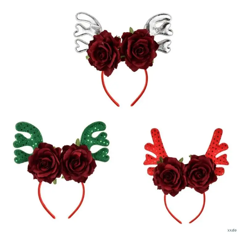 

Обруч для волос с искусственными цветами, украшение на голову с изображением рождественской розы оленя для вечеринки и Косплея