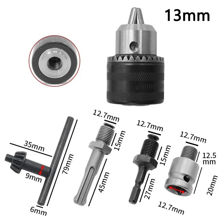 Drill Chuck 1.5-13mm 1/2"-20UNF Rotary Hammer Screwdriver Impact Wrench Driver Adapter Tool + Key + SDS Plus Shank Set Adapte
Drill Chuck 1.5-13mm 1/2"-20UNF Rotary Hammer Screwdriver Impact Wrench Driver Adapter Tool + Key + SDS Plus Shank Set Adapte