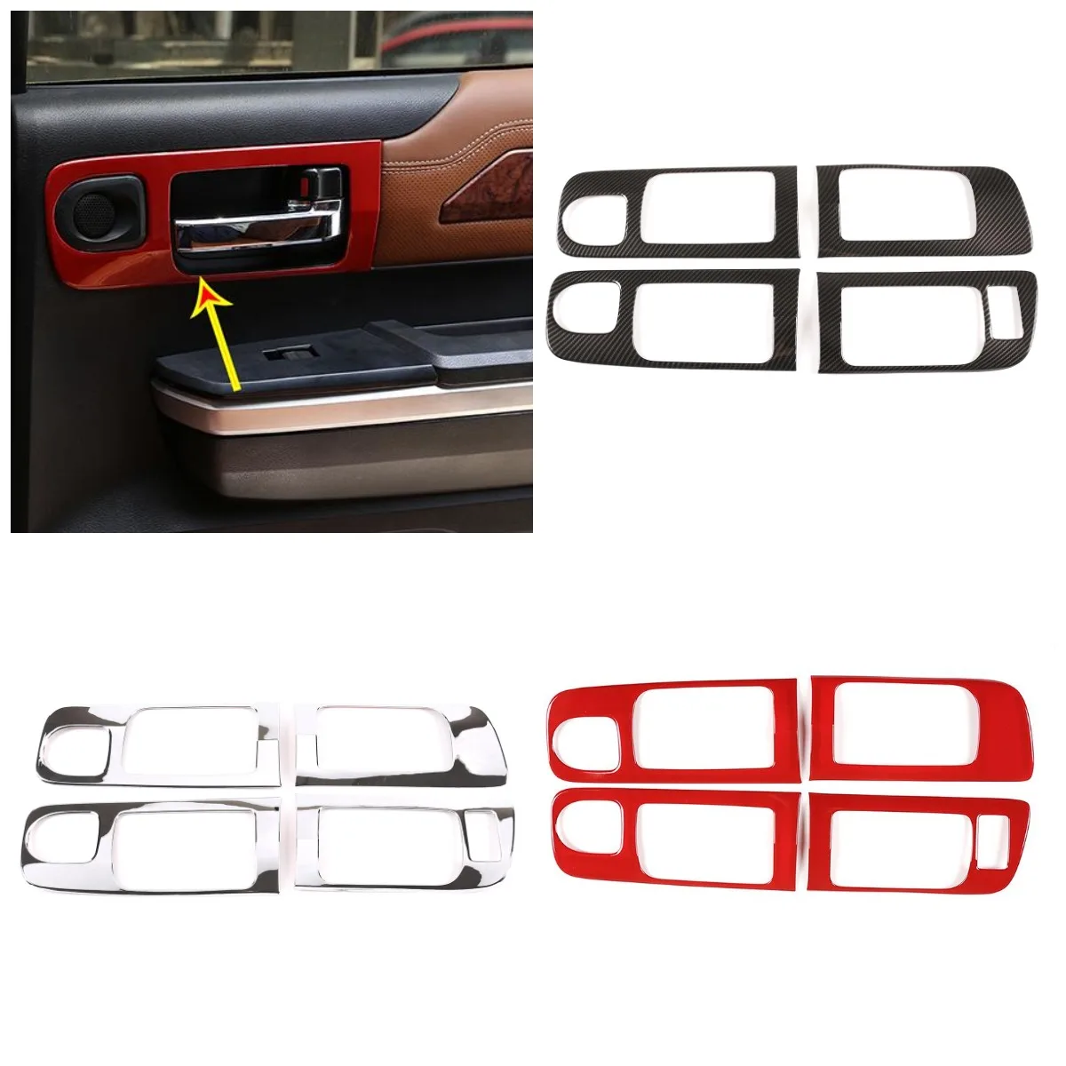 4 Piece Set ABS Three Color Car Styling Inner Door Handle Frame Trim Decorative Casing Accessories For Toyota Tundra 2014-2021 
4 Piece Set ABS Three Color Car Styling Inner Door Handle Frame Trim Decorative Casing Accessories For Toyota Tundra 2014-2021