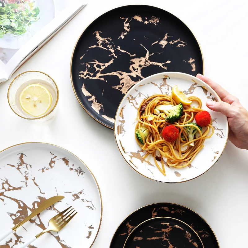 Nordic Dinner Plates Ins Gold Inlay Dinner Dish Marble Steak Plates Home Ceramic Food Dishes Tray Dinnerware Sets Drop Shipping
Nordic Dinner Plates Ins Gold Inlay Dinner Dish Marble Steak Plates Home Ceramic Food Dishes Tray Dinnerware Sets Drop Shipping