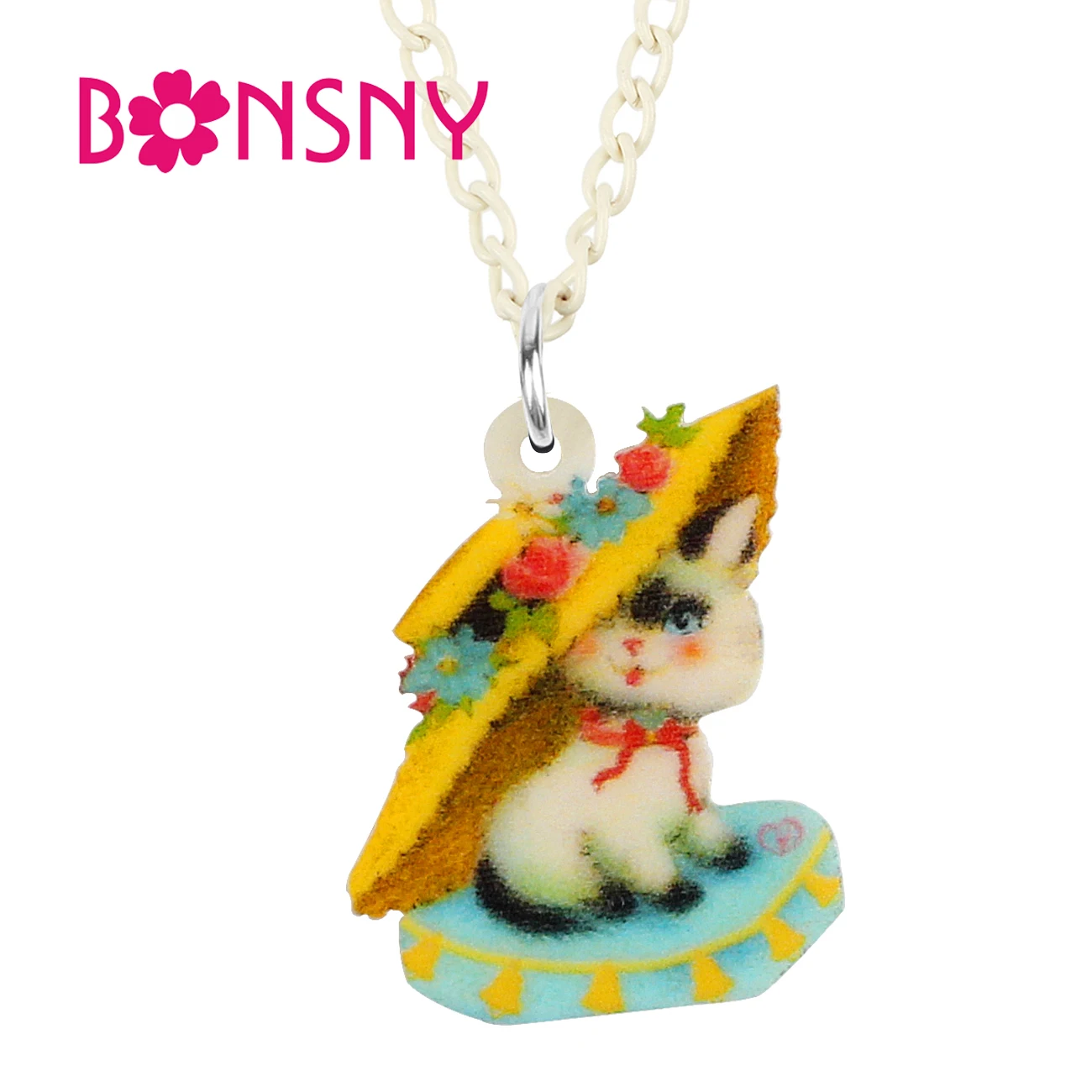 

BONSNY Acrylic Yellow Cute Straw Hat Cat Kitten Necklace Pendant Fashion Long Chain Pets Jewelry For Women Girls Charms Gifts