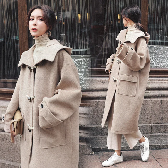 

Pregnant Women's Camel Coat Loose Hooded Sheep Horn Button Khaki Woolen Overcoat Mid-Length Autumn Winter Korean Style 2021 New