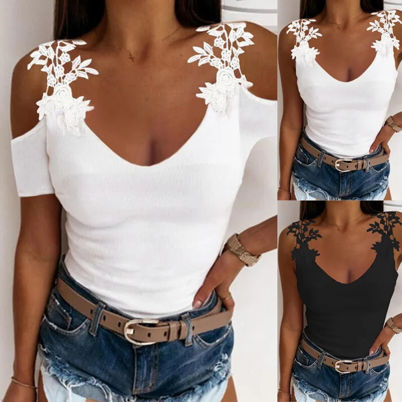 Blouse Women Lace Floral One Shoulder Top Summer Elegant Ladies Casual V Neck Sold Color Short Sleeve Blouses Shirts Top 2021
Blouse Women Lace Floral One Shoulder Top Summer Elegant Ladies Casual V Neck Sold Color Short Sleeve Blouses Shirts Top 2021