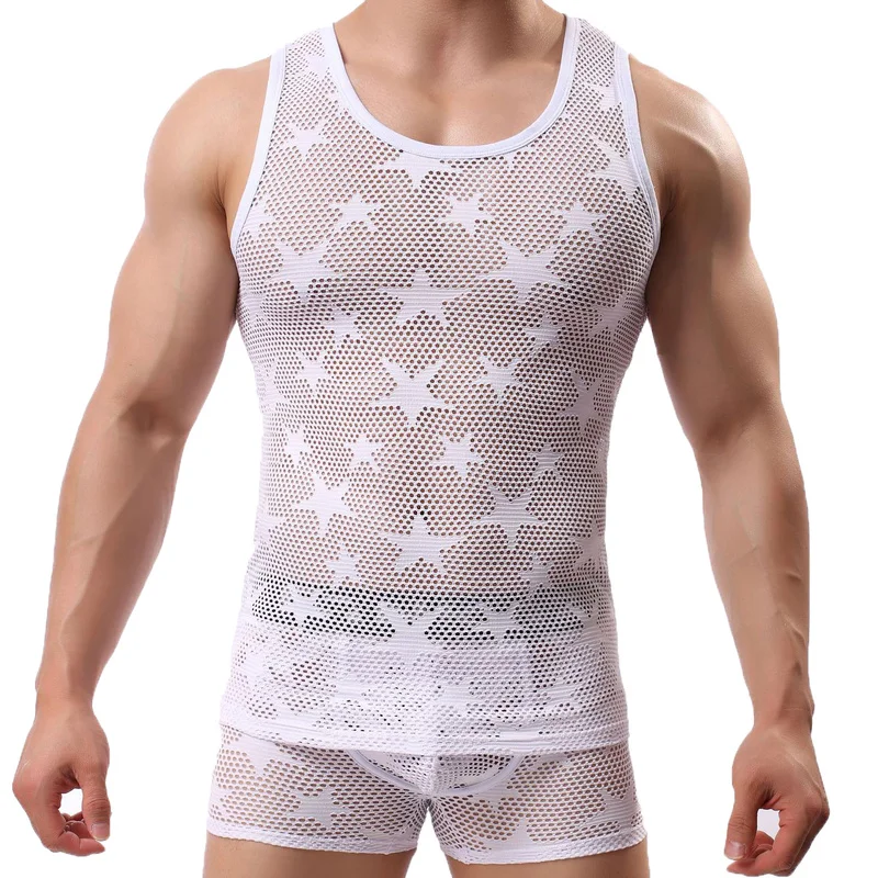 Mens Undershirts Two Piece Sets Sexy Mesh Transparent Sleeveless Tank Tops Boxer Shorts Underwear Breathable Sleepwear Suits
Mens Undershirts Two Piece Sets Sexy Mesh Transparent Sleeveless Tank Tops Boxer Shorts Underwear Breathable Sleepwear Suits