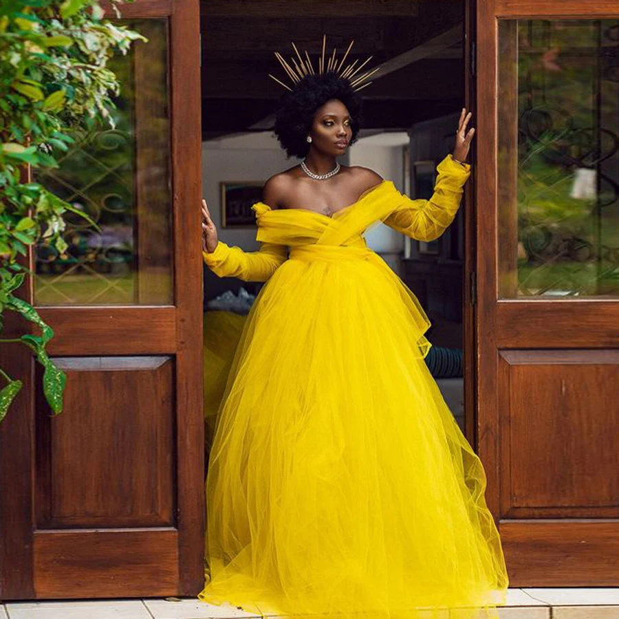 Pretty Garden Yellow Tulle Colored Women Wedding Party Dresses Illusion Full Sleeves Aso Ebi A-line Prom Gowns African Dress
Pretty Garden Yellow Tulle Colored Women Wedding Party Dresses Illusion Full Sleeves Aso Ebi A-line Prom Gowns African Dress
