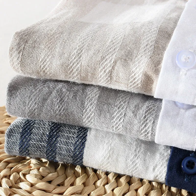 Spring Summer New Style Three Quarter Sleeve Men's Shirt Plaid Pure Linen Shirt Slim-Fit Cotton Linen Casual Shirt Tops 9055 
Spring Summer New Style Three Quarter Sleeve Men's Shirt Plaid Pure Linen Shirt Slim-Fit Cotton Linen Casual Shirt Tops 9055