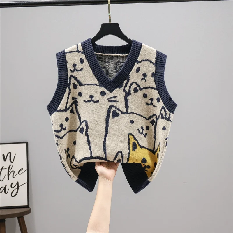 Sweater Women All-match Ladies Tops Cropped Sweater Vest Autumn Style Loose Casual Cute Cat V-neck Vest Pullover Knit Sweater
Sweater Women All-match Ladies Tops Cropped Sweater Vest Autumn Style Loose Casual Cute Cat V-neck Vest Pullover Knit Sweater