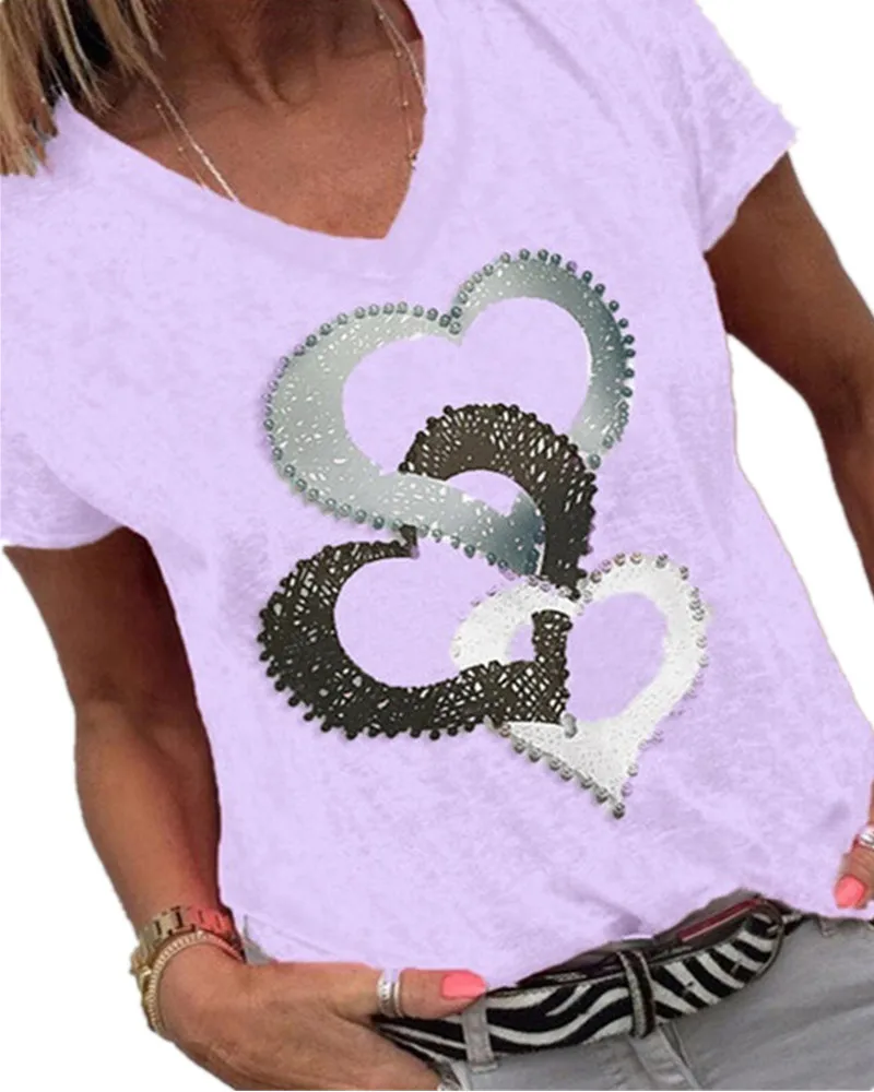 Summer Women's V Neck Soft Loose Short Sleeve T Shirt Beading Love Print Patchwork Casual Lady T Shirt 2021
Summer Women's V Neck Soft Loose Short Sleeve T Shirt Beading Love Print Patchwork Casual Lady T Shirt 2021