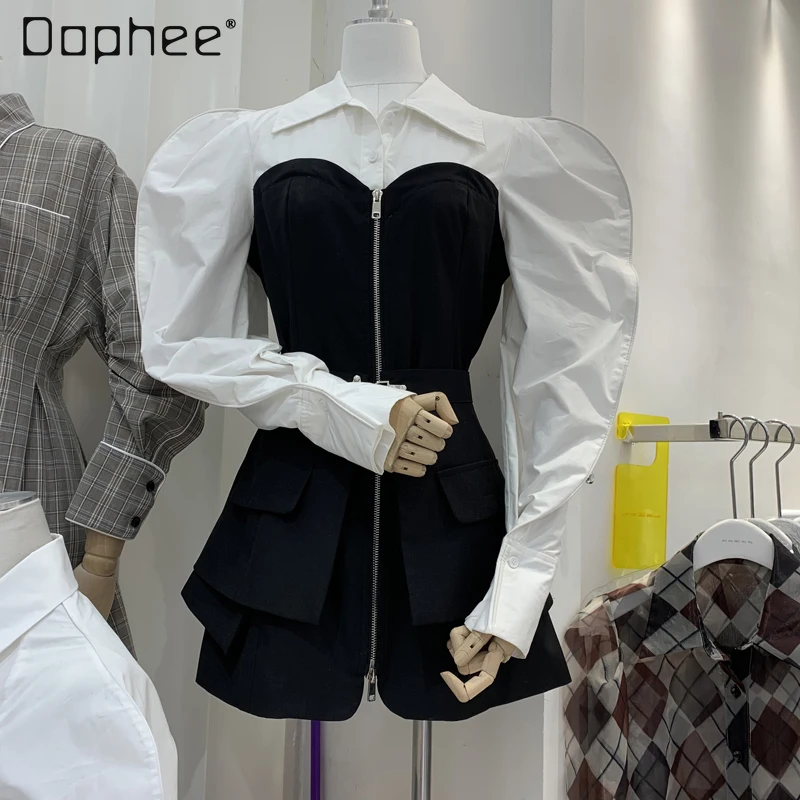 2021 Fall Elegant Long Sleeve Stitching Contrast Color Zipper Shirt Short Dress Retro Pockets Mini Skirts Suit Two-Piece Set
2021 Fall Elegant Long Sleeve Stitching Contrast Color Zipper Shirt Short Dress Retro Pockets Mini Skirts Suit Two-Piece Set