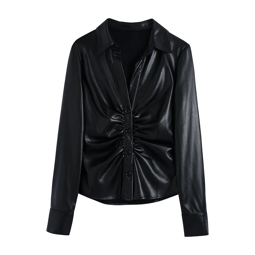 2021 Women Fashion Clothing Gathered PU Leather Shirt V Neck Collared Long Sleeve Elegant Vintage Black Faux Leather Shirts Tops
2021 Women Fashion Clothing Gathered PU Leather Shirt V Neck Collared Long Sleeve Elegant Vintage Black Faux Leather Shirts Tops