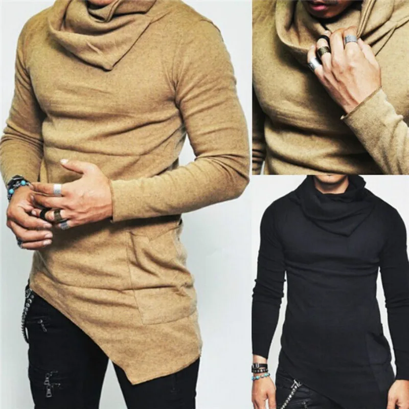 

Autumn and Winter Models Men's Pile Collar Long-sleeved T-shirt Irregular Low Swing Large Size T-shirt Bottoming Shirt Hip-hop