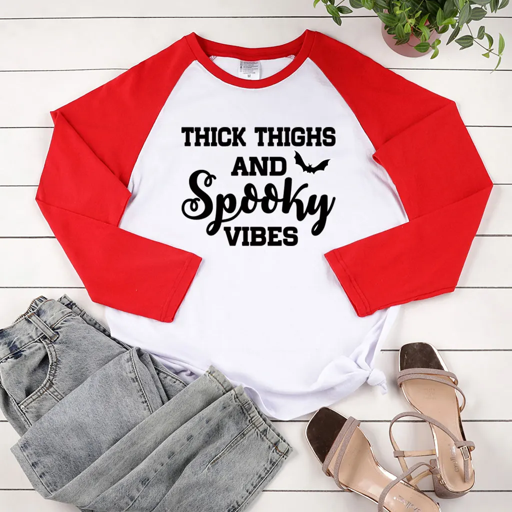 Thick Thighs and Spooky Vibes Print Long Sleeve T-shirts Women Autumn Winter Graphic T Shirts Harajuku Two-tone Stiching Clothes
Thick Thighs and Spooky Vibes Print Long Sleeve T-shirts Women Autumn Winter Graphic T Shirts Harajuku Two-tone Stiching Clothes