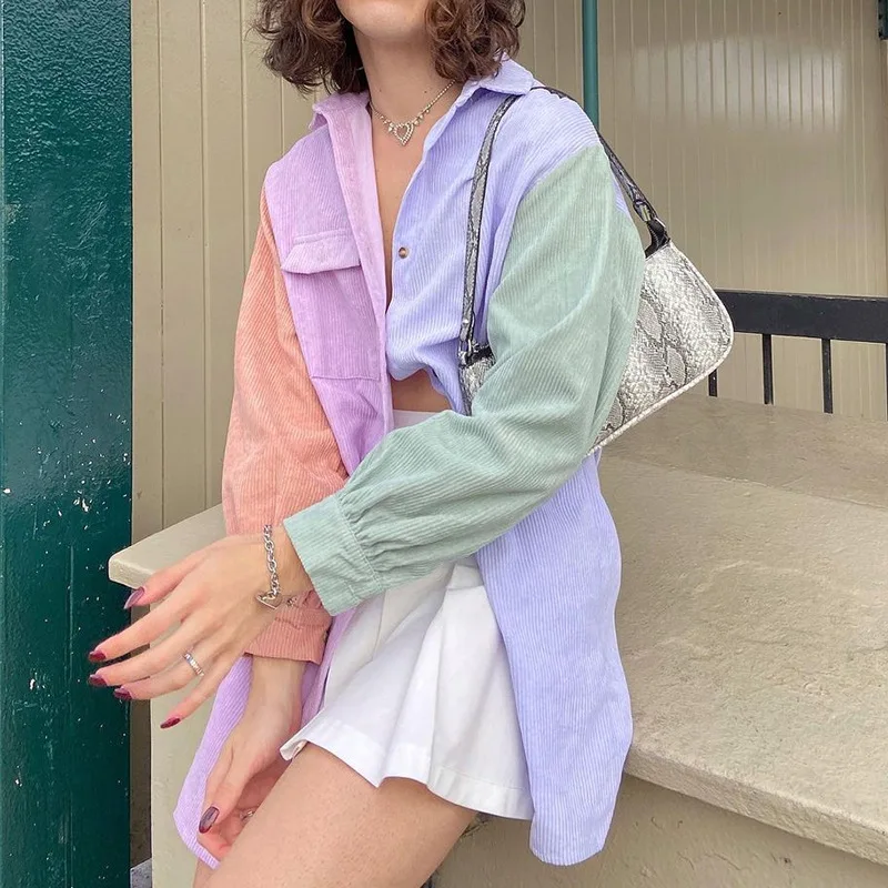 New winter women's casual contrast color stitching pocket loose corduroy shirt 
New winter women's casual contrast color stitching pocket loose corduroy shirt