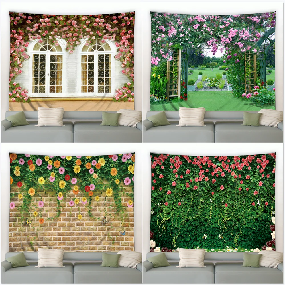 

Pink Flowers Green Plants Landscape Garden Background Decor Tapestry Rural Scenery Mural Wall Hanging Bedroom Dorm Home Blanket