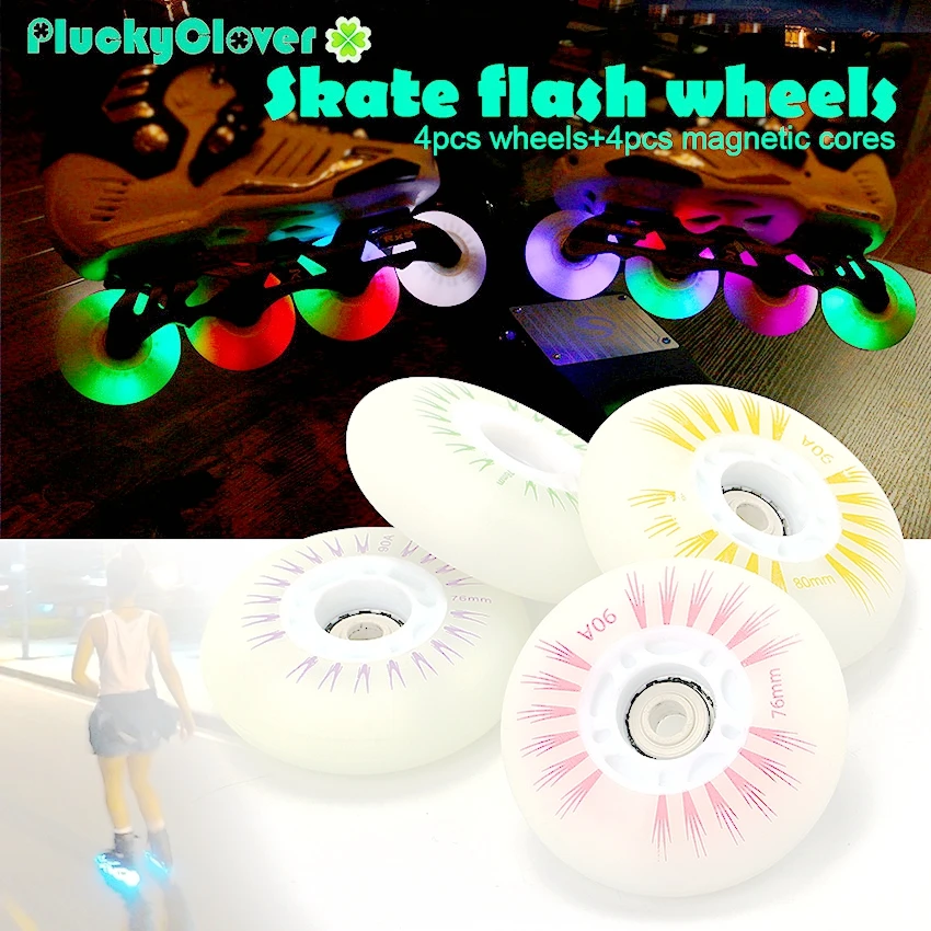 

4pc 90A Rainbow 72mm 76mm 80mm Flash Roller Wheel LED light PU Inline Skating Roller Slalom Sliding Skates Flashing Roller Wheel