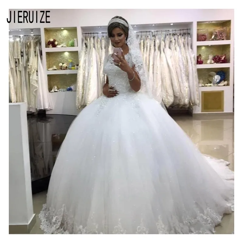 JIERUIZE Luxury Ball Gown Wedding Dresses For Bridal Scoop Neck Short Sleeves Lace Up Back Appliqued Beaded robe de mariee 
JIERUIZE Luxury Ball Gown Wedding Dresses For Bridal Scoop Neck Short Sleeves Lace Up Back Appliqued Beaded robe de mariee