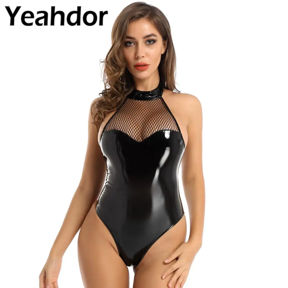 Erotic Lingerie Bodysuit for Womens Patent Leather Halter Mesh Patchwork Backless Zipper Closure Leotard Sexy Clubwear Nightwear
Erotic Lingerie Bodysuit for Womens Patent Leather Halter Mesh Patchwork Backless Zipper Closure Leotard Sexy Clubwear Nightwear
