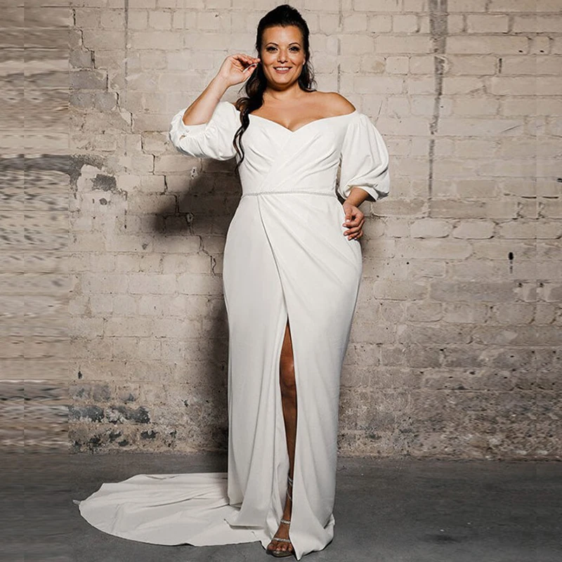 2021 Medium Size White Bridal Wedding Dresses V Neckline with Off Shoulder 3/4 Sleeves Wedding Gown for Bride Front Split
2021 Medium Size White Bridal Wedding Dresses V Neckline with Off Shoulder 3/4 Sleeves Wedding Gown for Bride Front Split
