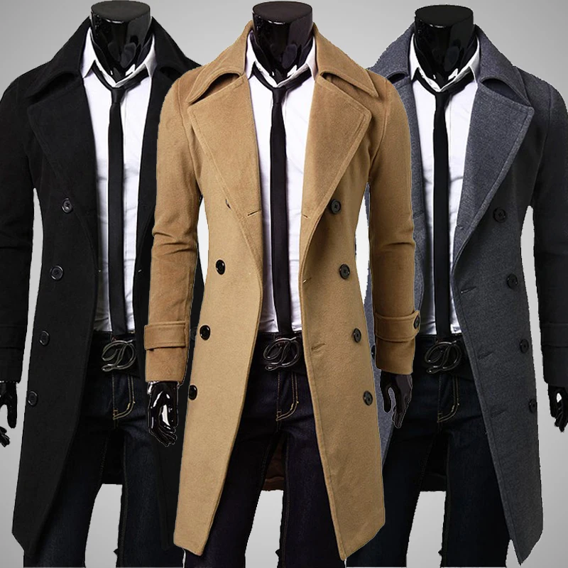 

Long Wool Men Brand Clothing Pea Jacket Turn-down Collar Overcoat Camel Pure Color Slim Double-breasted Woolen Trench Mens Coats