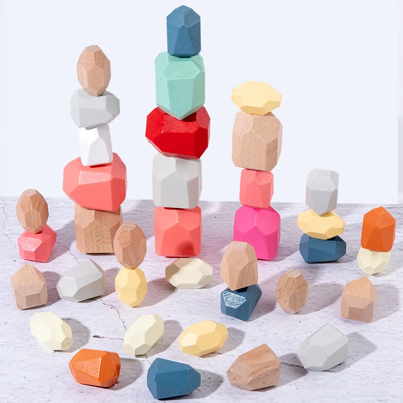 

Baby Wooden Stones Montessori Toy Creative Nordic Style Stacking Rainbow Game Jenga Set Balancing Building Blocks Wood Toy Gift