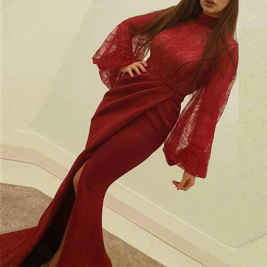 

Sexy Burgundy High Neck Illusion Sleeves Mermaid Long Evening Dress Lace Body Slit Sweep Train Vestido Women Prom Formal Gown