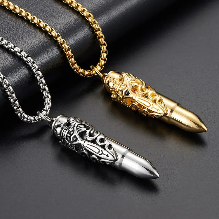 Double dragon sword can unscrew Titanium Steel Bullet Pendant, trendsetter fashion wear necklace, accessory birthday gift
Double dragon sword can unscrew Titanium Steel Bullet Pendant, trendsetter fashion wear necklace, accessory birthday gift