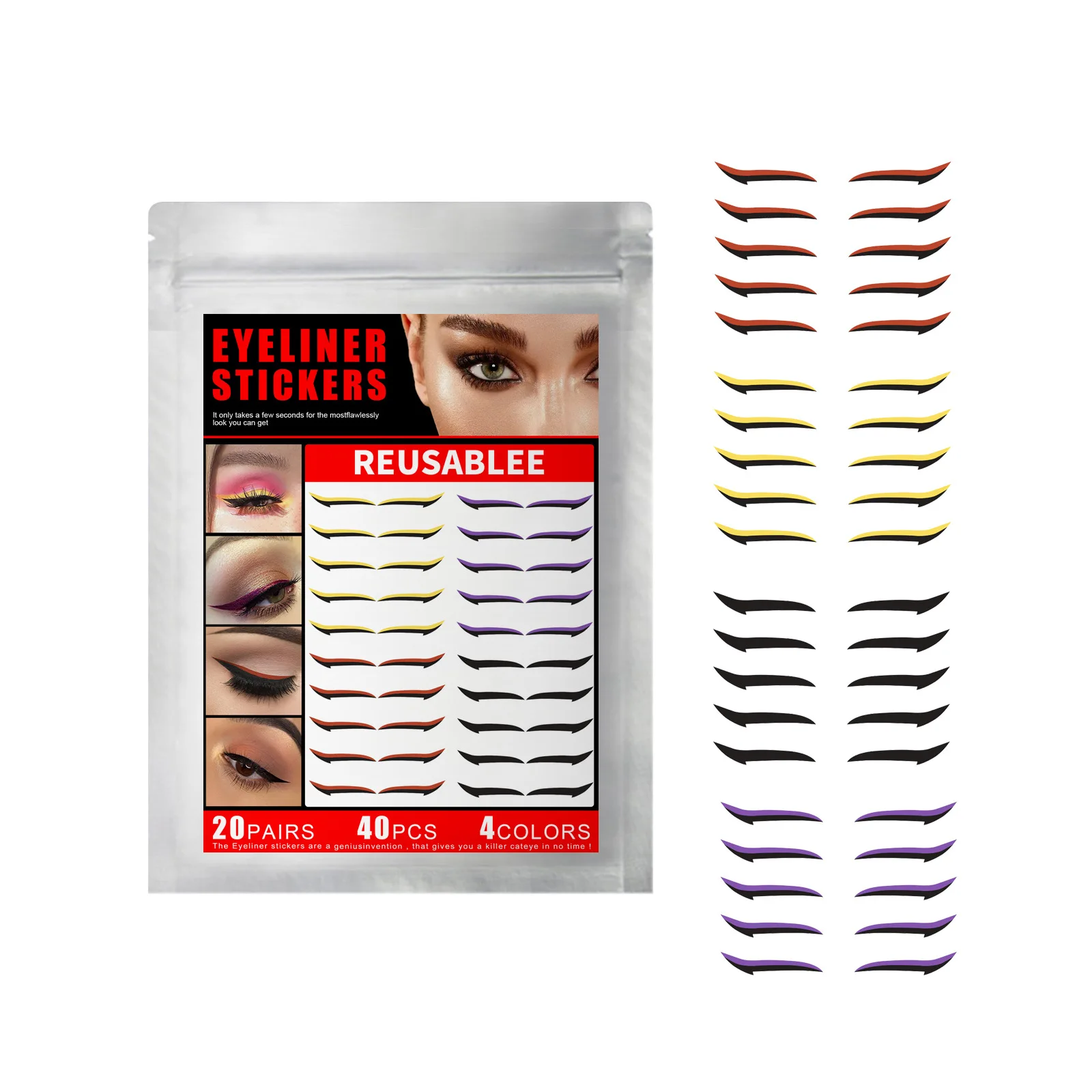 20 Pairs/set Waterproof Double Eyelid Line Patch Reusable Wing Shiny Eyeliner Stickers Blue Black Makeup Cat Eye Liner Sticker