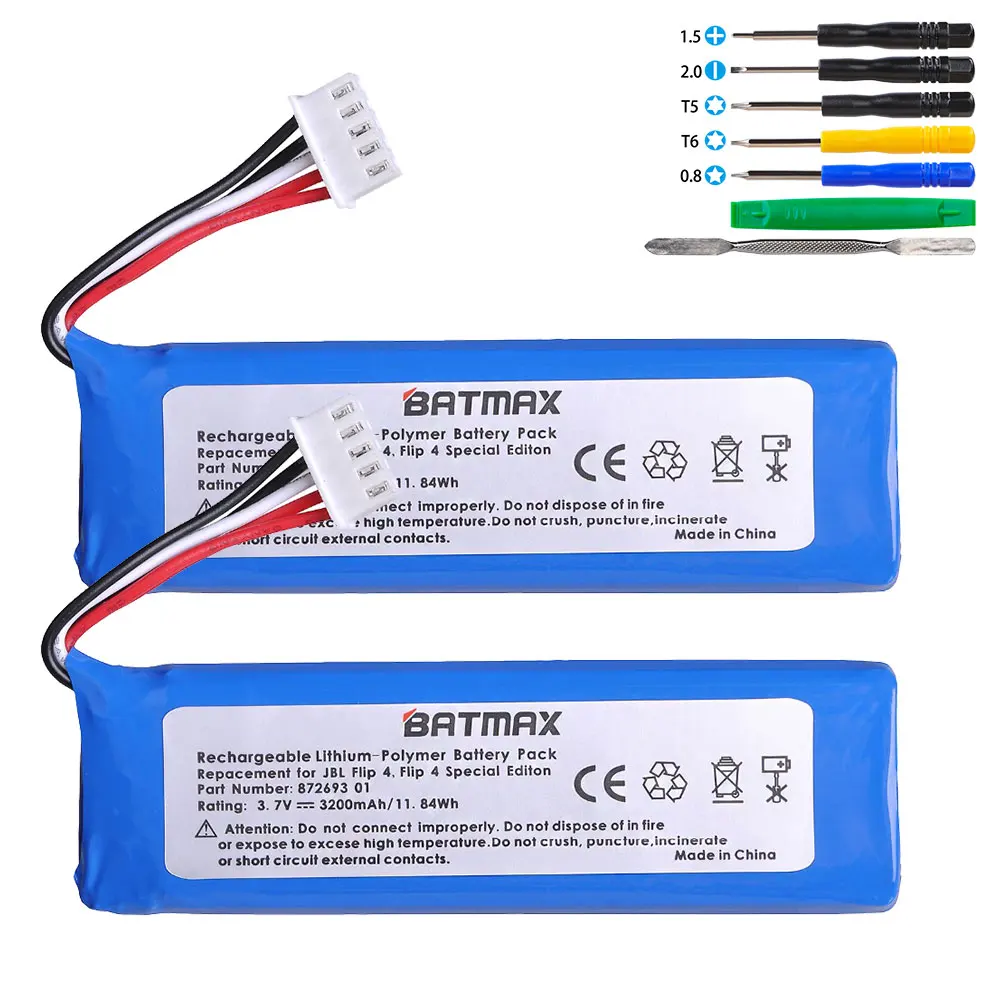 Batmax 2ps 3200mAh Replacement Battery for JBL Flip 4 Special Edition Portable Bluetooth Speaker, fits GSP872693 01 +Tool
Batmax 2ps 3200mAh Replacement Battery for JBL Flip 4 Special Edition Portable Bluetooth Speaker, fits GSP872693 01 +Tool