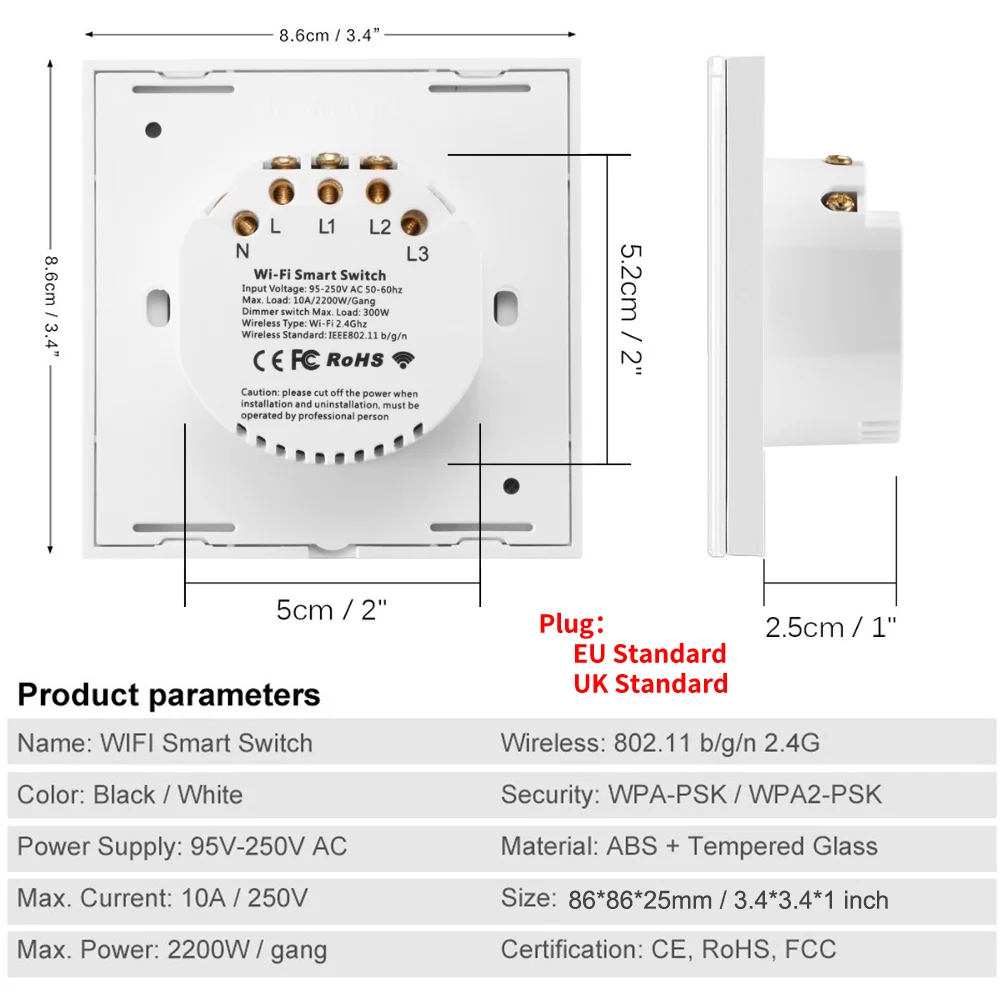 Tuya WiFi Smart Switch TWO-WAY Touch Wall Panel for Smart Home APP Remote Control UK EU Standard Work with Alexa Google Home
Tuya WiFi Smart Switch TWO-WAY Touch Wall Panel for Smart Home APP Remote Control UK EU Standard Work with Alexa Google Home