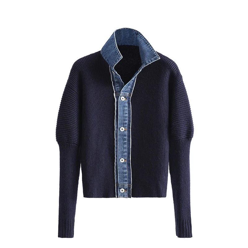 women's long sleeved denim knitted cardigan, loose multi price sweater, single button, splicing top, autumn 2021 series,
women's long sleeved denim knitted cardigan, loose multi price sweater, single button, splicing top, autumn 2021 series,