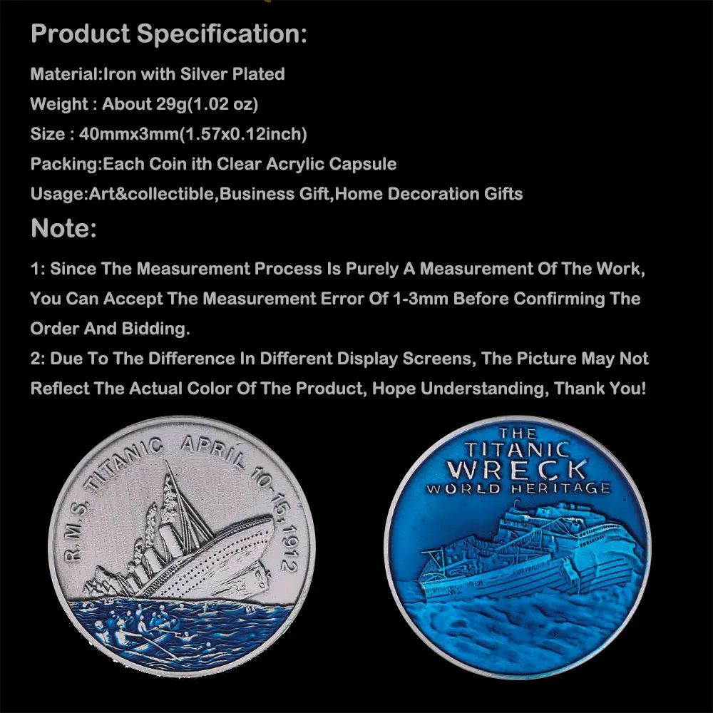 Silver Coin Titanic Wreck World Heritage Blue Sea Gift Souvenirs Collectible Coins Medal
Silver Coin Titanic Wreck World Heritage Blue Sea Gift Souvenirs Collectible Coins Medal