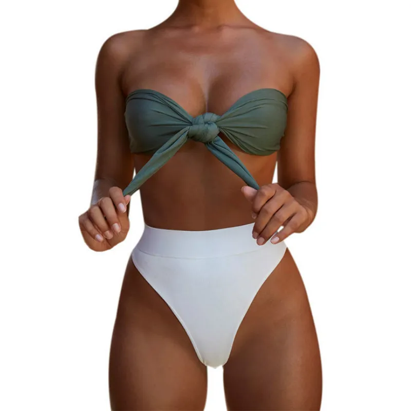 

Sexy Womens High Waisted Bikini Set Tie Knot High Rise Two Piece Bandeau Thong Brazilian Biquini Swimsuits Bathing Suits Bather
