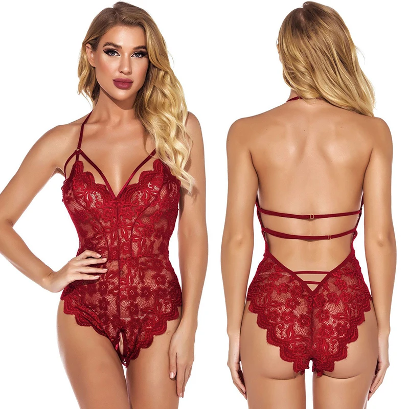 Women Sexy Nightwear See Through Lingerie Bra Set Lace Sleeveless Halter Bodysuit Teddy Underwear One-piece Lenceria Mujer | Женская