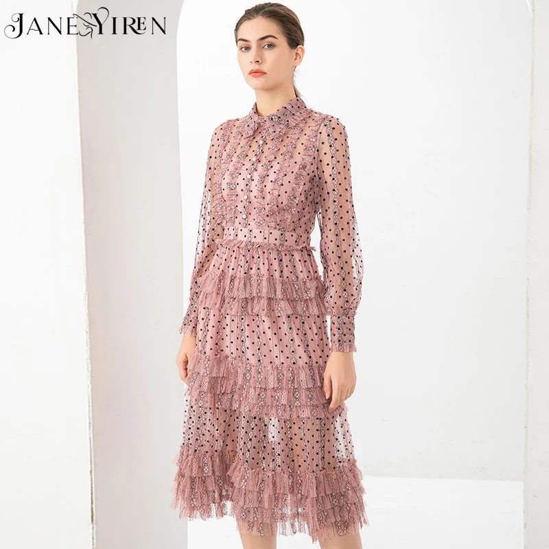 

Janeyiren Fashion Designer Autumn Dress Women Turn-down Collar Lantern sleeve polka dot Mesh Cascading Ruffle Elegant Party Dres